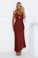 Sultry Satin Crisscross Back Midi Dress Burgundy