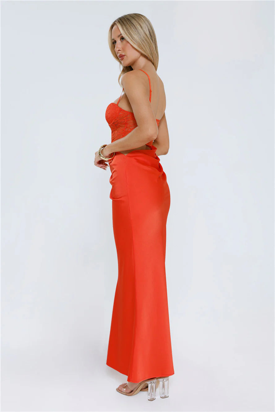 Slow Summer Nights Lace Satin Maxi Dress Tangerine