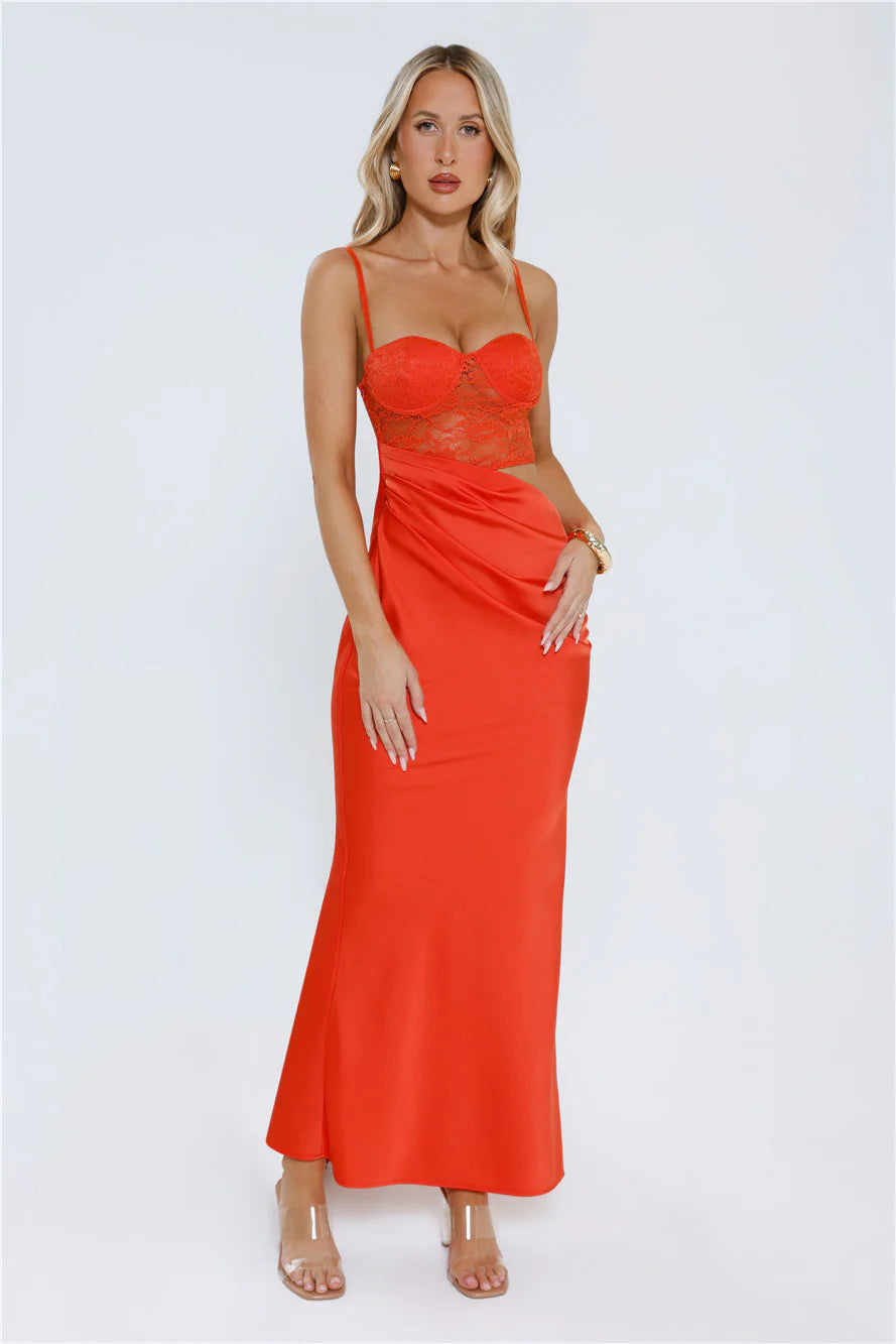 Slow Summer Nights Lace Satin Maxi Dress Tangerine
