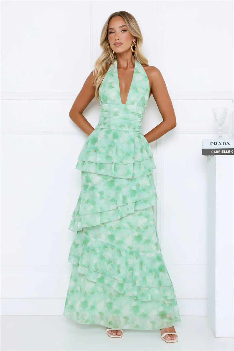 Summer Haze Floral Print Halter Maxi Dress Green